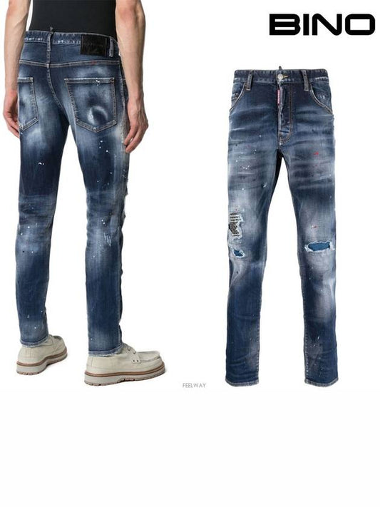 Distressed Paint Skinny Jeans Blue - DSQUARED2 - BALAAN.