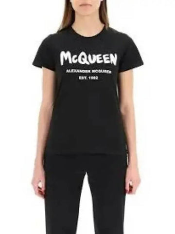 Graffiti Logo Short Sleeve T Shirt Black White 608614QZAD3520 - ALEXANDER MCQUEEN - BALAAN 1