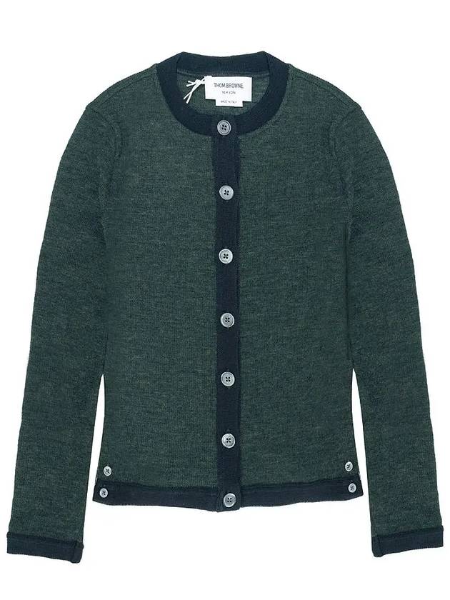 Wool Ribbed Contrast Trim Crewneck Cardigan Dark Green - THOM BROWNE - BALAAN 3