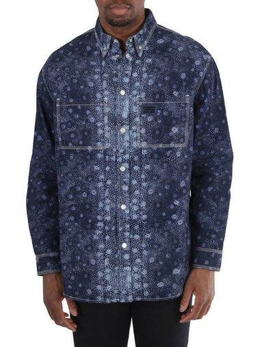 Burberry Dark Canvas Blue Fish Scale Print Denim Snap Shirt, Size Small - BURBERRY - BALAAN 1