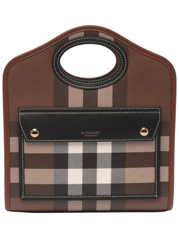 Mini Pocket Checked Leather Tote Bag Dark Burch Brown - BURBERRY - BALAAN 1