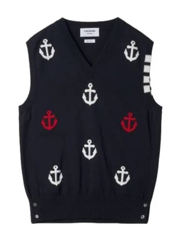 Diagonal anchor intarsia V neck vest navy - THOM BROWNE - BALAAN 1