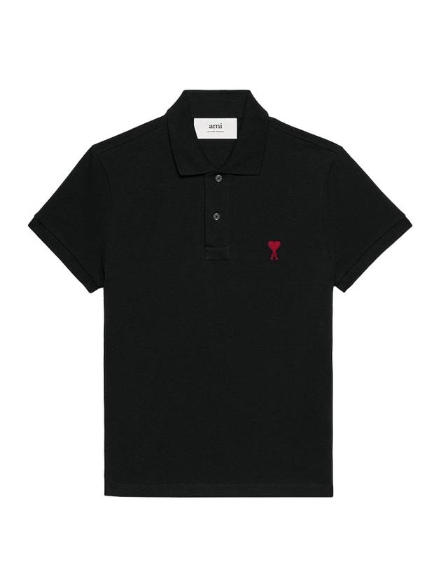 Men's Heart Logo Polo Shirt Black - AMI - BALAAN 1