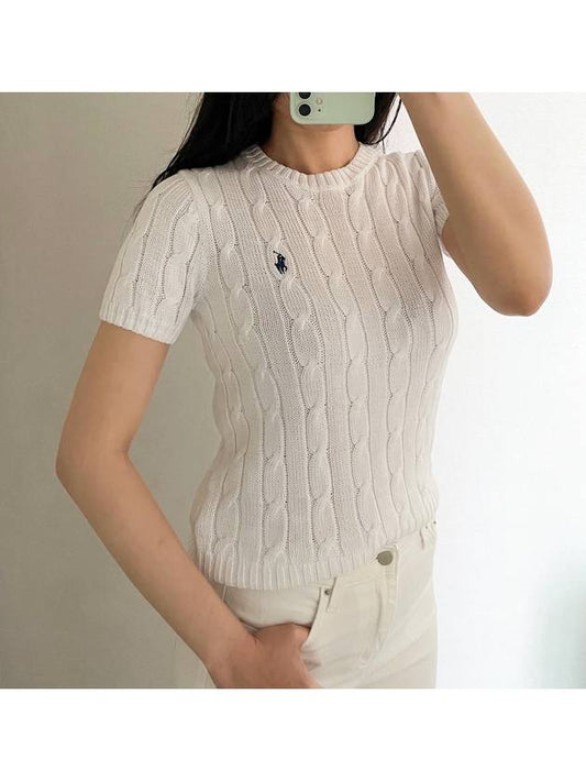 Women's Cotton Cable Knit Twisted Short Sleeve Sweater 2 Colors White Black - POLO RALPH LAUREN - BALAAN 1