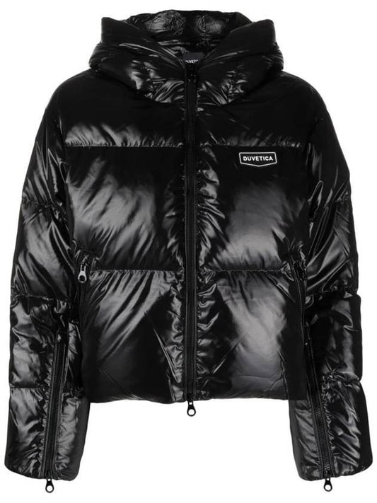 Women s duck down padded jacket Bellatrix signature hoodie matte black VDDJ25136 BKS - DUVETICA - BALAAN 1