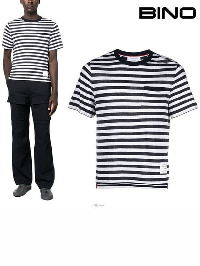 Striped Linen Short Sleeve T-Shirt White Navy - THOM BROWNE - BALAAN 2