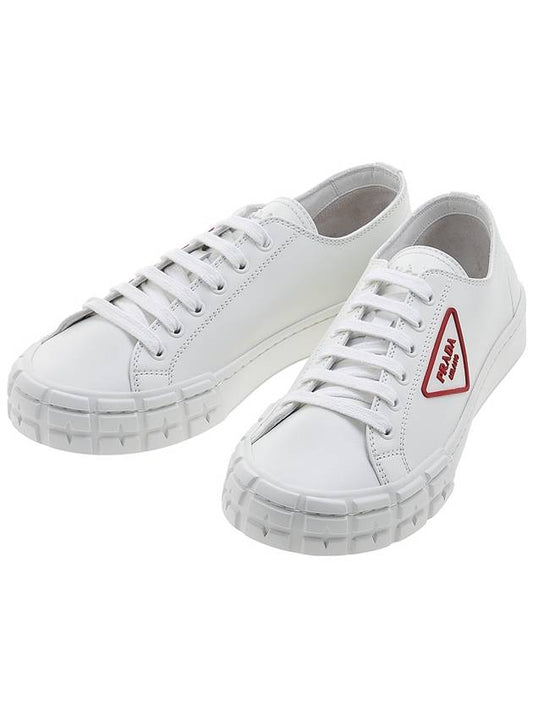 Cassetta Wheel Triangle Logo Leather Low Top Sneakers White Red - PRADA - BALAAN 2