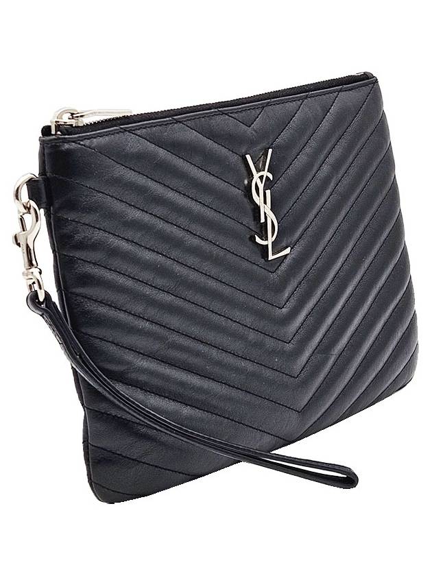 Saint Laurent 379039 Black Matelasse Silver Monogram Strap Pouch Clutch Bag - SAINT LAURENT - BALAAN 3