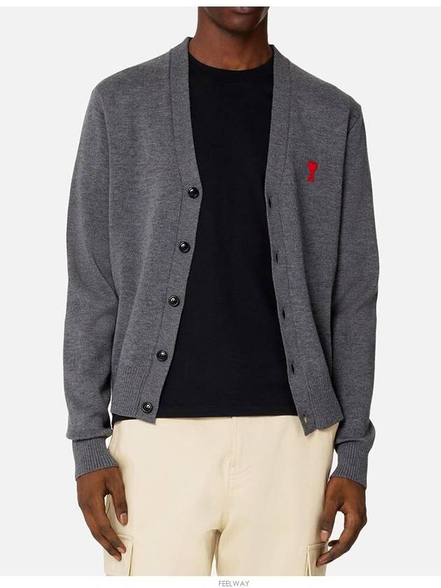 Heart Logo Merino Wool Cardigan Heather Grey - AMI - BALAAN 3