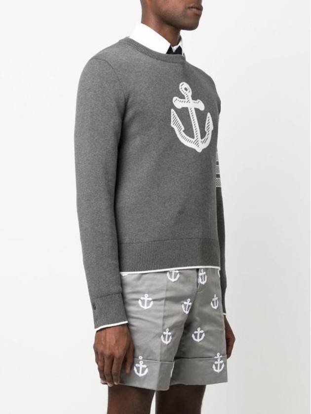 Men's Anchor Jacquard 4-Bar Crew Neck Knit Top Med Grey - THOM BROWNE - BALAAN 6