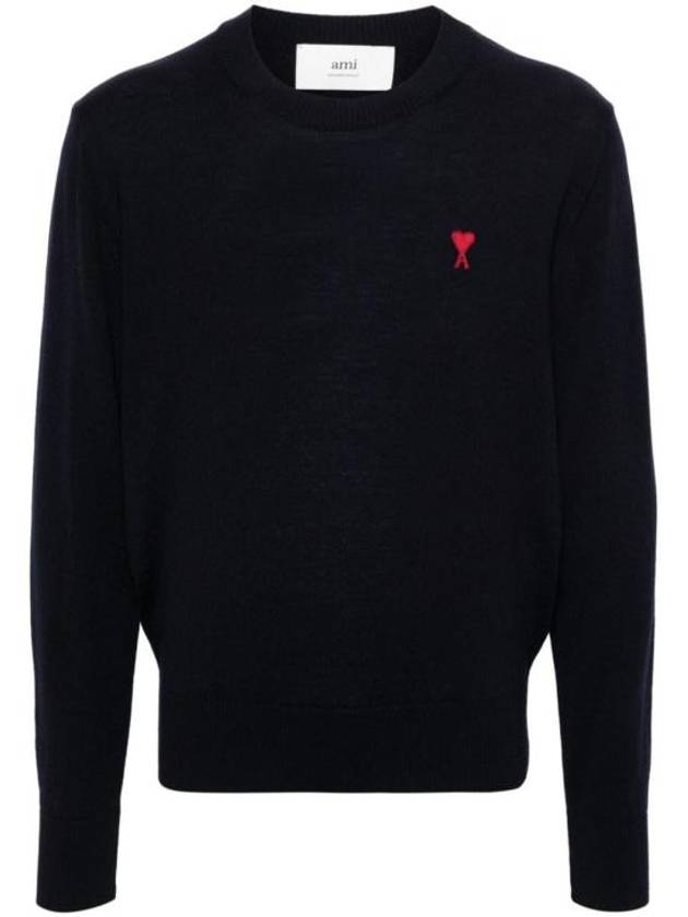 Heart Embroidered Logo Crew Neck Knit Top Navy - AMI - BALAAN 2