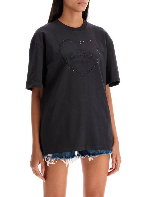 Drop Shoulder Heart Cotton Short Sleeve T-Shirt Black - GANNI - BALAAN 3