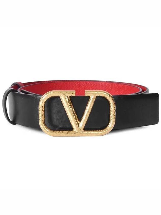 Gold V Logo Reversible Leather Belt Black Red - VALENTINO - BALAAN 1