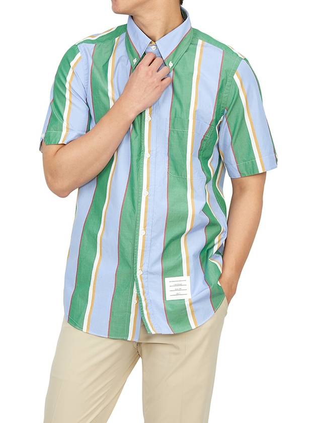 Straight Fit Button Down Short Sleeve Shirt Green Blue - THOM BROWNE - BALAAN 6