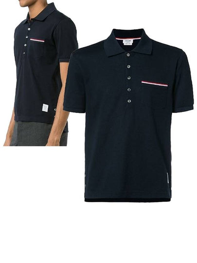 Men's Three Stripes Pocket Mercerized Short Sleeve Polo Shirt Navy - THOM BROWNE - BALAAN 2