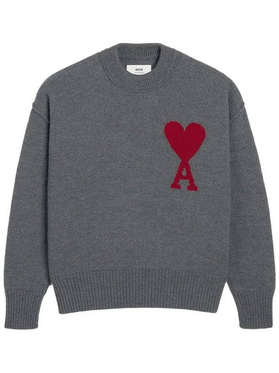 Intarsia Big Heart Logo Wool Knit Top Grey - AMI - BALAAN 2