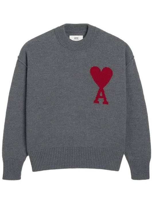 Intarsia Big Heart Logo Wool Knit Top Grey - AMI - BALAAN 2