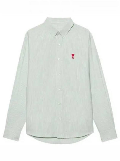 Heart Embroidered Logo Striped Long Sleeve Shirt Green - AMI - BALAAN 2