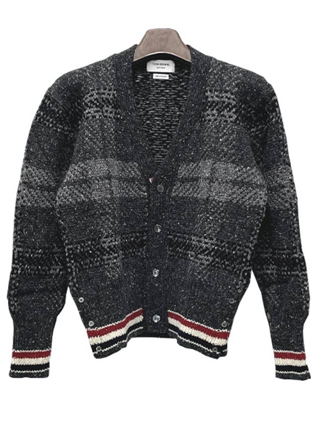 Donegal Tartan Stripe V-Neck Cardigan Grey - THOM BROWNE - BALAAN 3