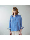 Women's Wrist Tape Color Matching Linen Shirt Blue - VOYONN - BALAAN 3