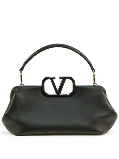 V Logo Plaque Detail Leather Tote Bag Black - VALENTINO - BALAAN 2