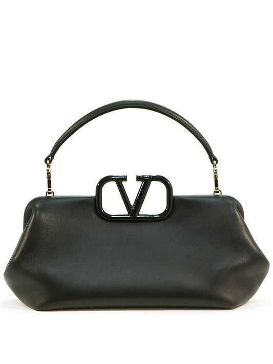 V Logo Plaque Detail Leather Tote Bag Black - VALENTINO - BALAAN 2