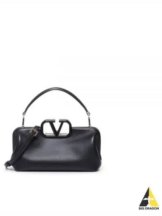 V Logo Plaque Detail Leather Tote Bag Black - VALENTINO - BALAAN 2