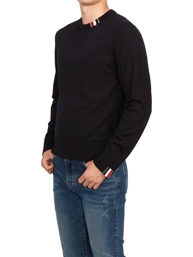 Intarsia Stitch Crew Neck Merino Wool Knit Top Navy - THOM BROWNE - BALAAN 6