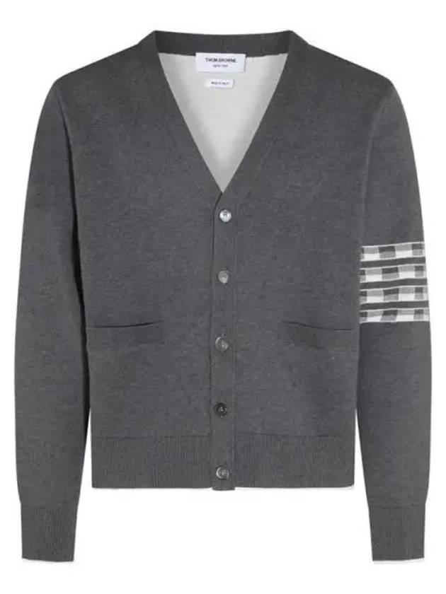 4-Bar V-Neck Hector Jacquard Cotton Cardigan Grey - THOM BROWNE - BALAAN 2