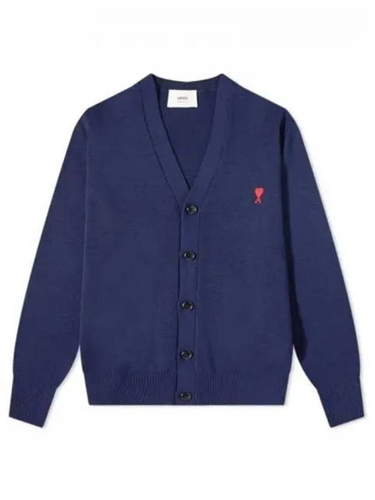 Small Heart Logo Wool Cardigan Navy - AMI - BALAAN 2