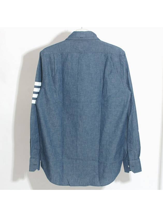 Men's Diagonal Shambray Print Name tag Straight Fit Long Sleeve Shirt Blue - THOM BROWNE - BALAAN 3