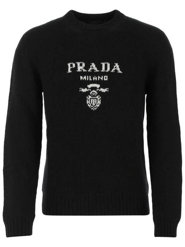 Embroidered Logo Wool Cashmere Crew Neck Knitted Sweater  Black - PRADA - BALAAN 2