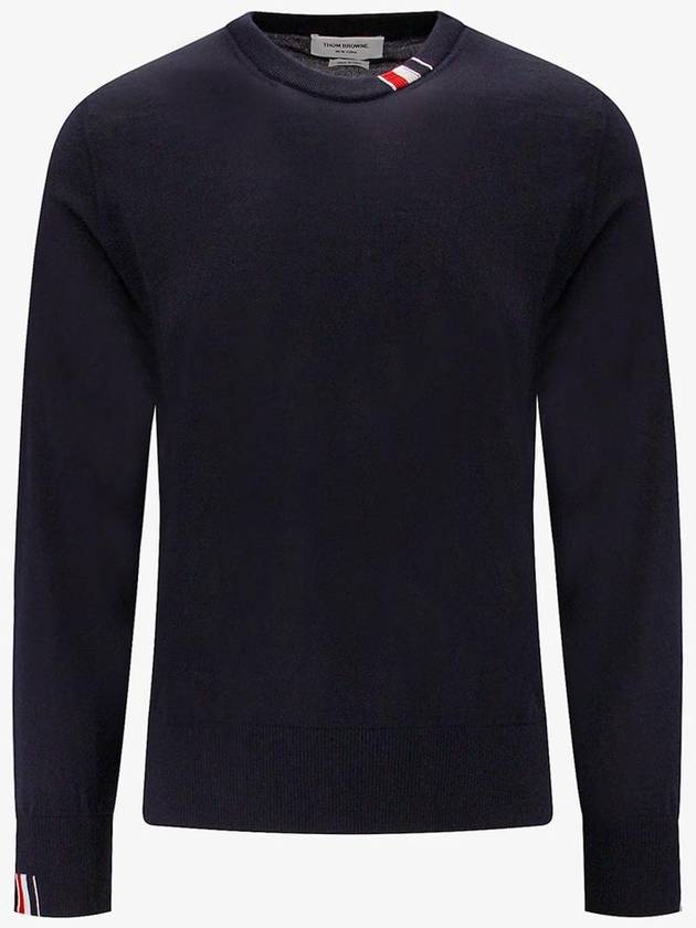 Intarsia Stitch Crew Neck Merino Wool Knit Top Navy - THOM BROWNE - BALAAN 2