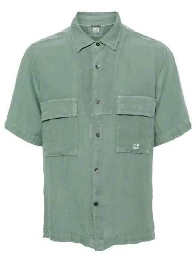 Linen Short Sleeve Shirt Green - CP COMPANY - BALAAN 2