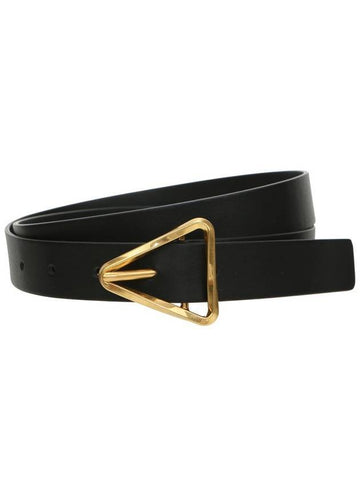 Grasp Gold Triangular Buckle Leather Belt Black - BOTTEGA VENETA - BALAAN.