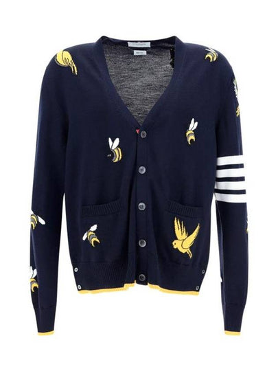 Men's Merino Bird Bee 4 Bar V-Neck Merino Cotton Cardigan Navy - THOM BROWNE - BALAAN 2