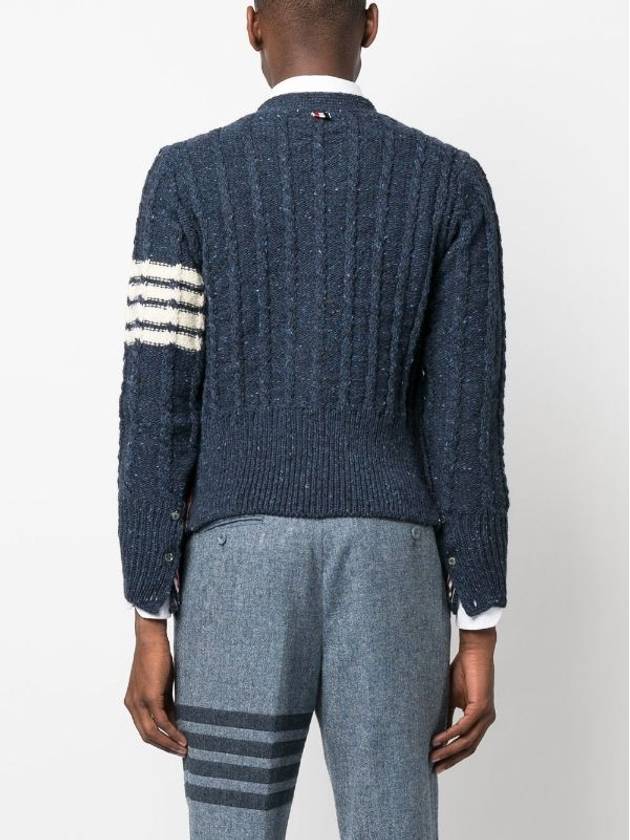 Donegal Twist Cable 4 Bar Classic V Neck Cardigan Blue - THOM BROWNE - BALAAN 4