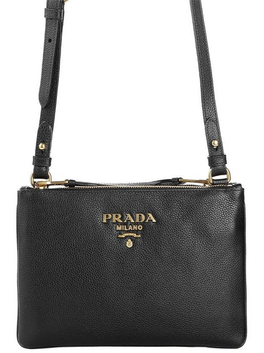 Double Zipper Gold Logo Vitello Cross Bag Black - PRADA - BALAAN 2