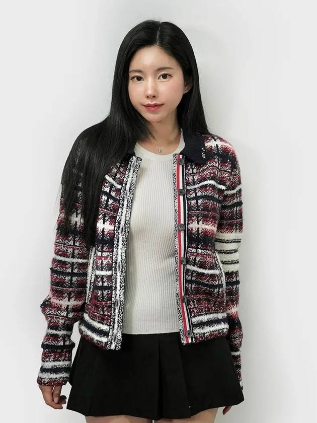 Tartan Check 4 Bar Cardigan Black Red - THOM BROWNE - BALAAN 3