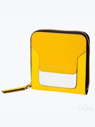 Logo Printed Round Zip Leather Half Wallet Yellow - MARNI - BALAAN 2