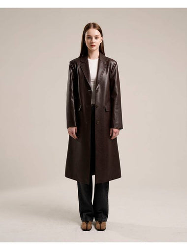 Vegan Leather Long Single Coat Brown - TUDE - BALAAN 1