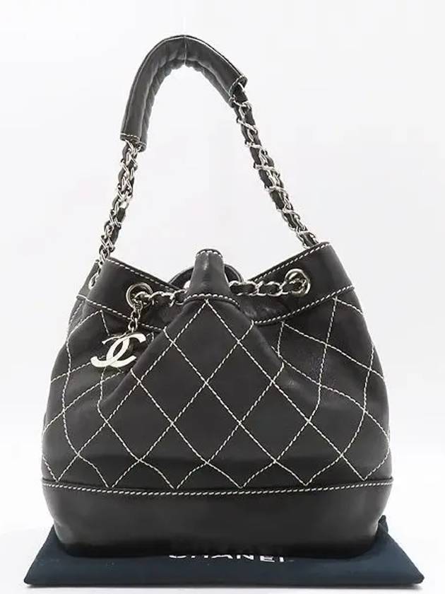 Black Lambskin Silver CC Logo Wild Stitch Quilted Drawstring Small Bucket Shoulder Bag - CHANEL - BALAAN 1