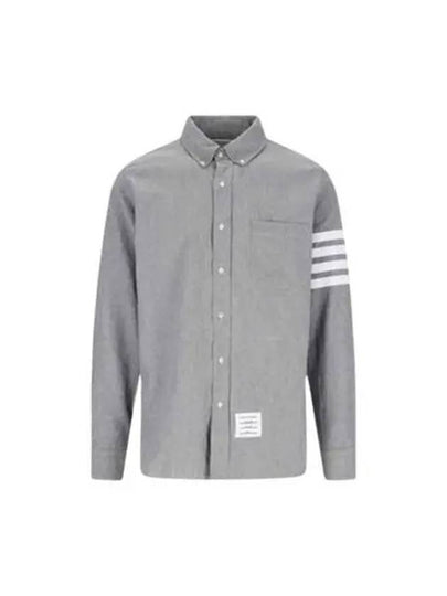 Men's Diagonal Shambray Print Nametag Straight Fit Long Sleeve Shirt Medium Grey - THOM BROWNE - BALAAN 2