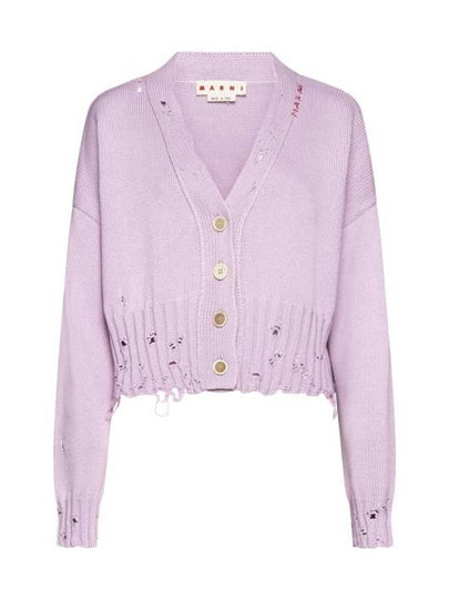 Embroidered Logo Distressed V-Neck Crop Cardigan Purple - MARNI - BALAAN 2