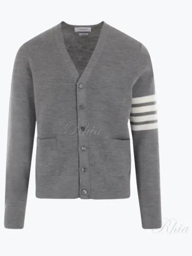 4-Bar Striped Waffle High V-Neck Cardigan Light Grey - THOM BROWNE - BALAAN 2