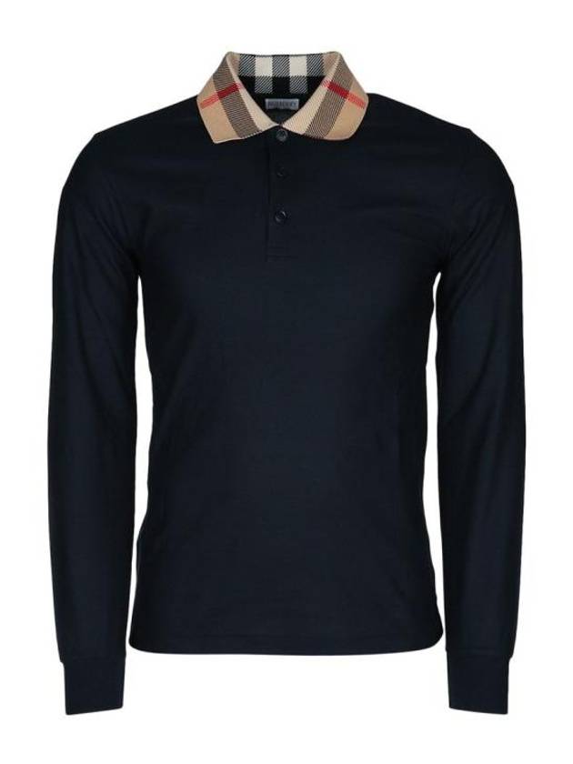 Check Collar Cotton Pique Long Sleeve Polo Shirt Smoke Navy - BURBERRY - BALAAN 2