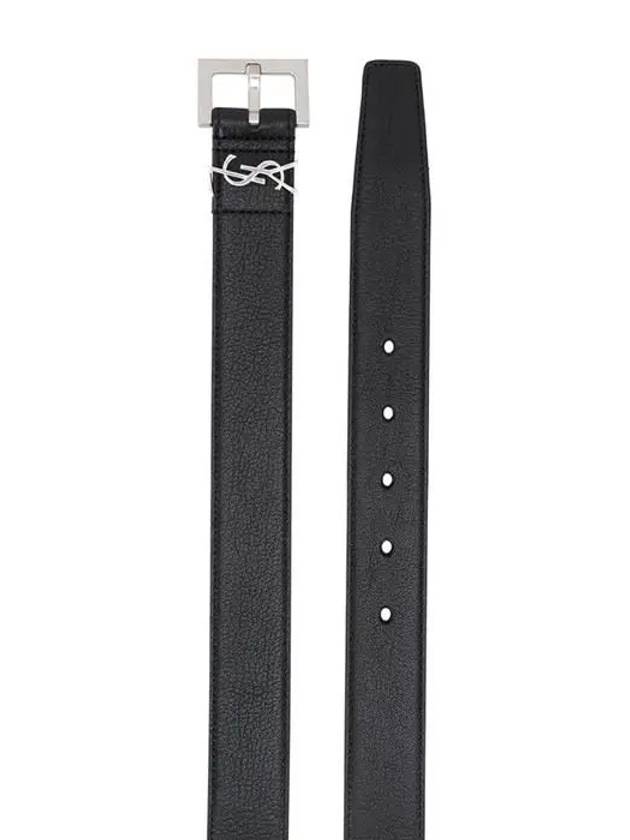 Silver Hardware Monogram Buckle Leather Belt Black - SAINT LAURENT - BALAAN 3