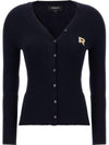 Embroidered logo V neck virgin wool cardigan blue - ROCHAS - BALAAN 1