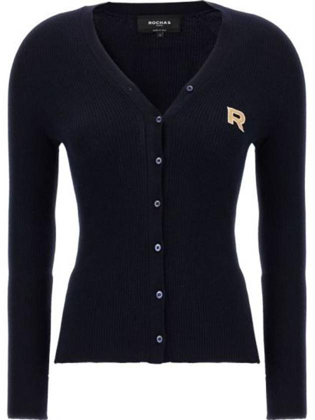 Embroidered logo V neck virgin wool cardigan blue - ROCHAS - BALAAN 1