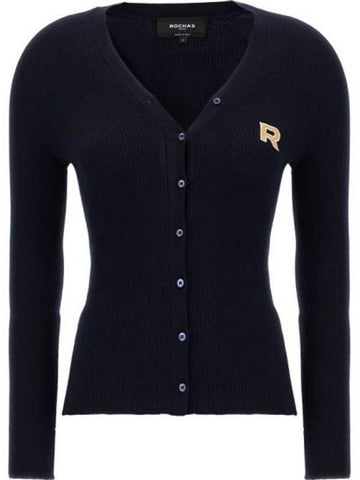 Embroidered logo V neck virgin wool cardigan blue - ROCHAS - BALAAN 1